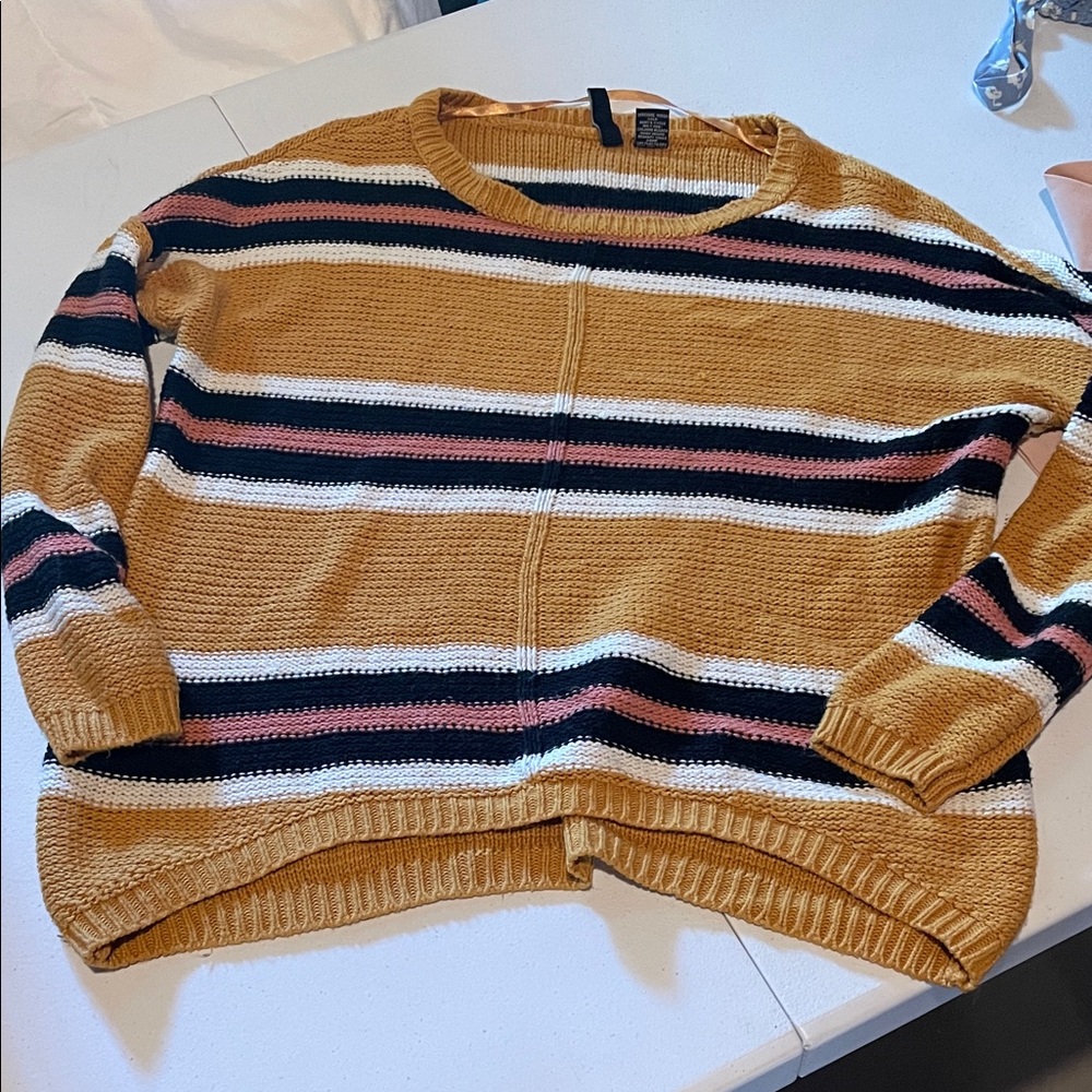 Free People Mustard Striped Crewneck Sweater
